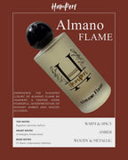Perfume bottle labeled 'Almano Flame' by Hamper on a brown background