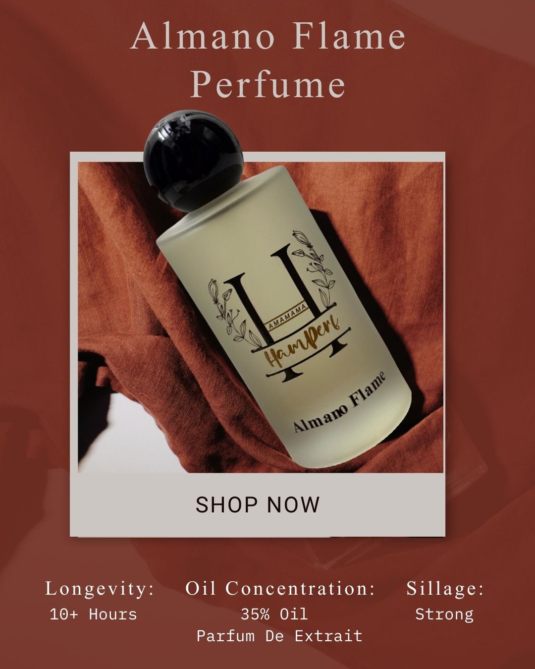 Almano Flame perfume bottle with product details on a red background