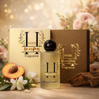HamPerf Fragrance bottle with packaging and decorative elements on a wooden surface.