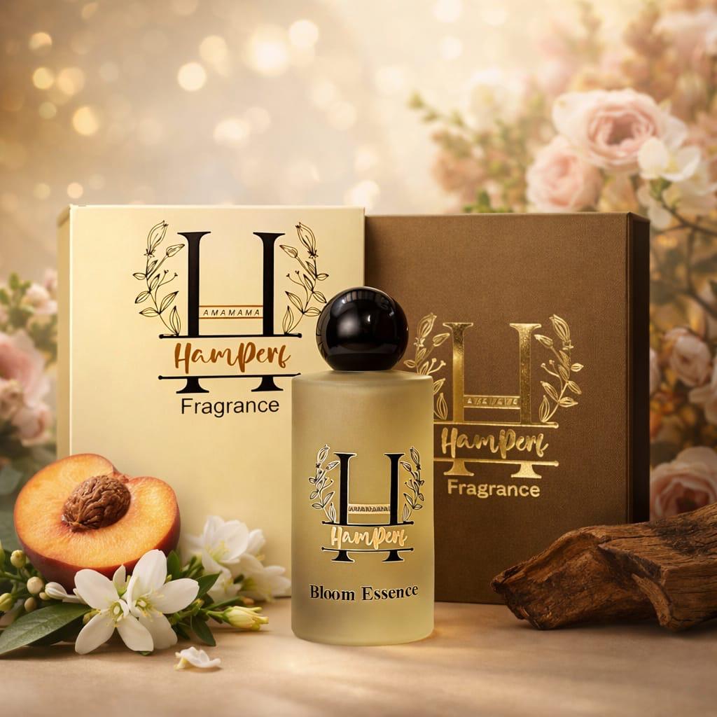 HamPerf Fragrance bottle with packaging and decorative elements on a wooden surface.