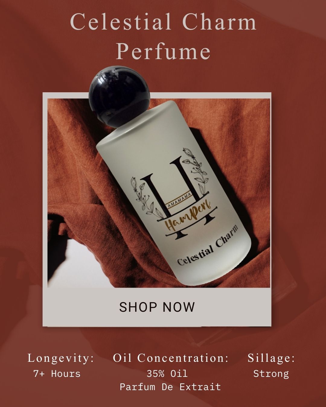 Perfume bottle with 'Celestial Charm' branding on a red fabric background