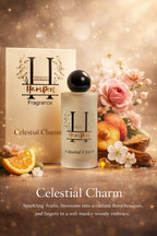 HamPerf Fragrance Celestial Charm bottle and packaging with flowers and fruits on a warm background