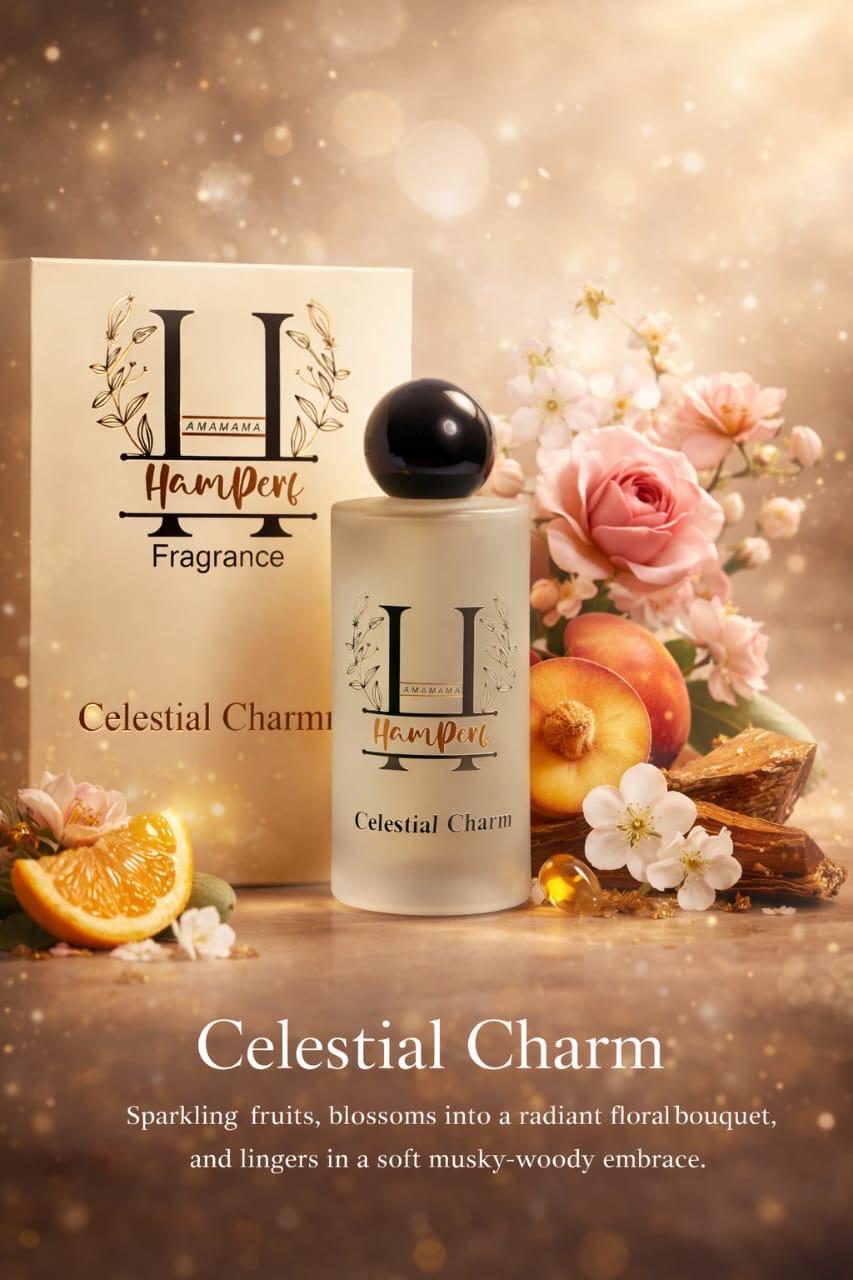 HamPerf Fragrance Celestial Charm bottle and packaging with flowers and fruits on a warm background