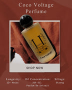 Coco Voltage perfume bottle with product details on a red background