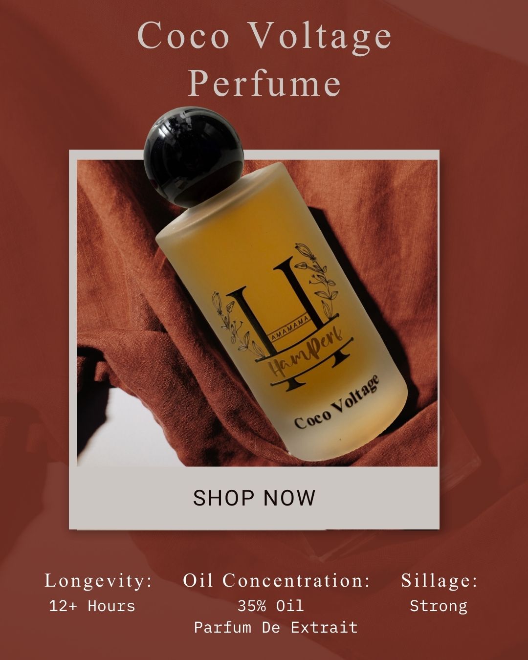 Coco Voltage perfume bottle with product details on a red background