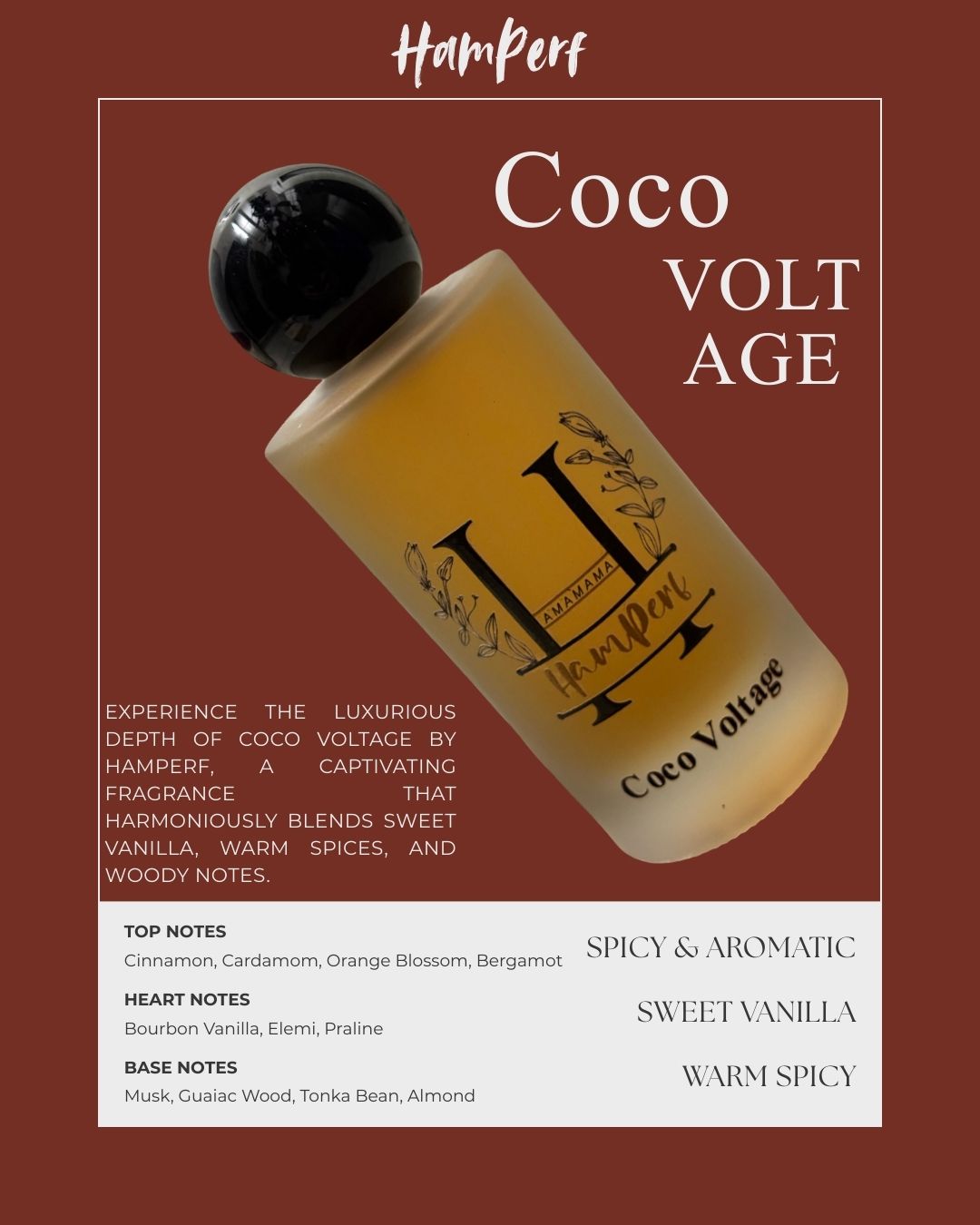 HamPerf Coco Voltage perfume bottle on a brown background with product details.