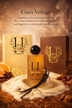 Hamper Coco Voltage perfume bottle with packaging and vanilla beans on a warm-toned background