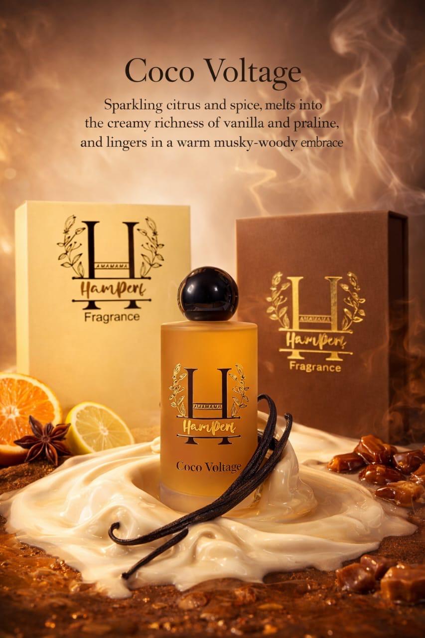 Hamper Coco Voltage perfume bottle with packaging and vanilla beans on a warm-toned background