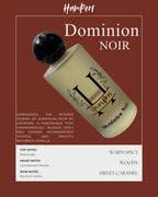 Hamperf Dominion Noir bottle on a brown background with product description text.