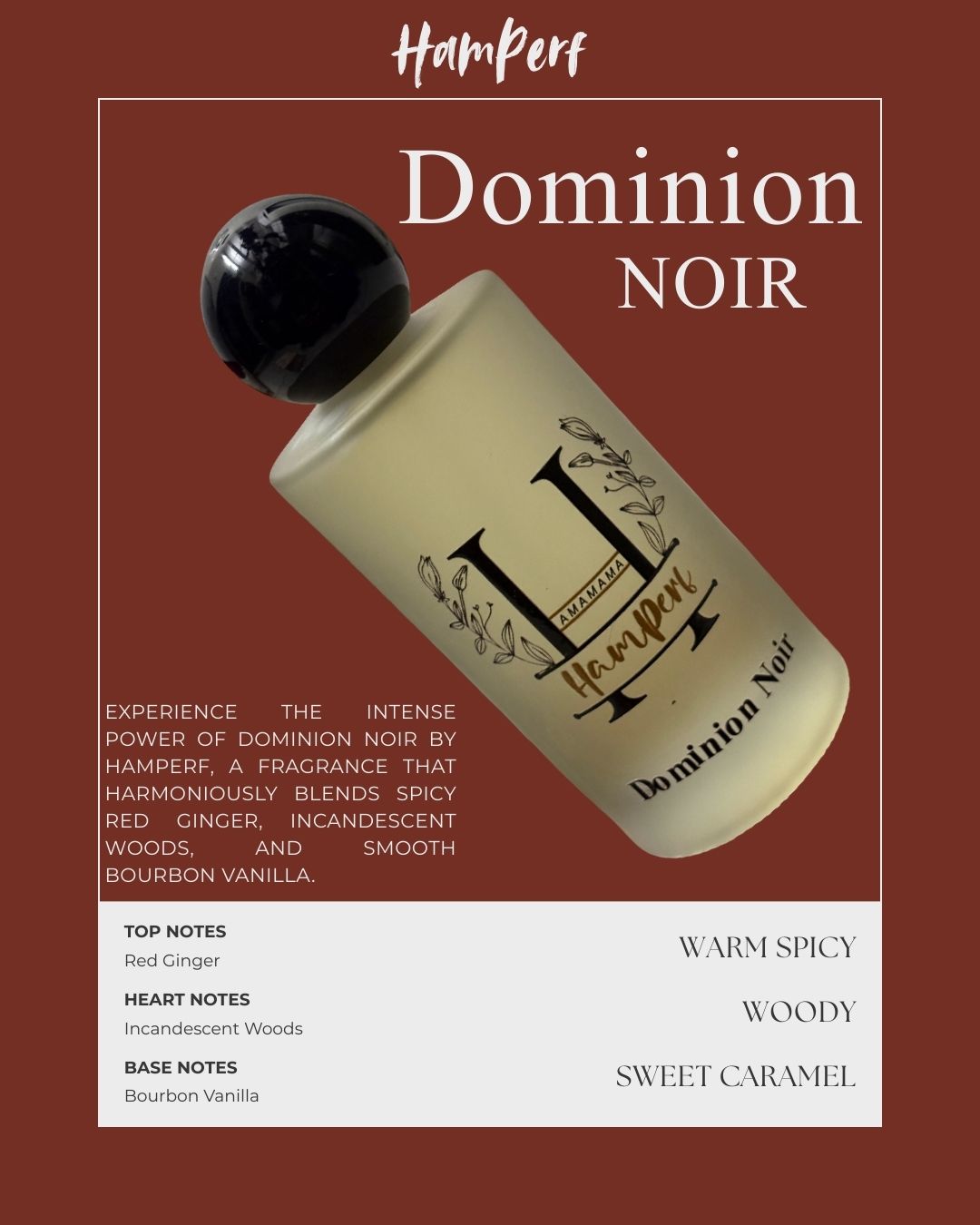 Hamperf Dominion Noir bottle on a brown background with product description text.