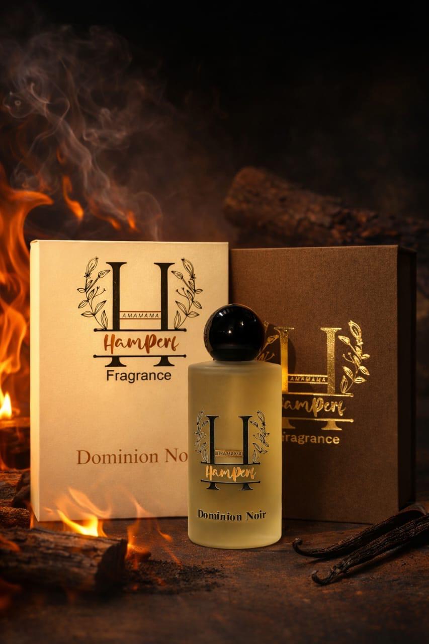 Hamperf Fragrance bottle and packaging with a fire and wooden background