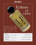 Perfume bottle labeled 'Echoes of Eden' by Hamperf on a brown background