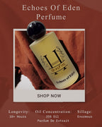 Perfume bottle with 'Echoes of Eden' branding on a red fabric background