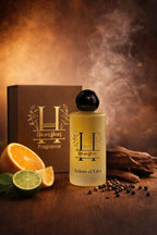 Hamper's Fragrance bottle with packaging and ingredients on a wooden surface