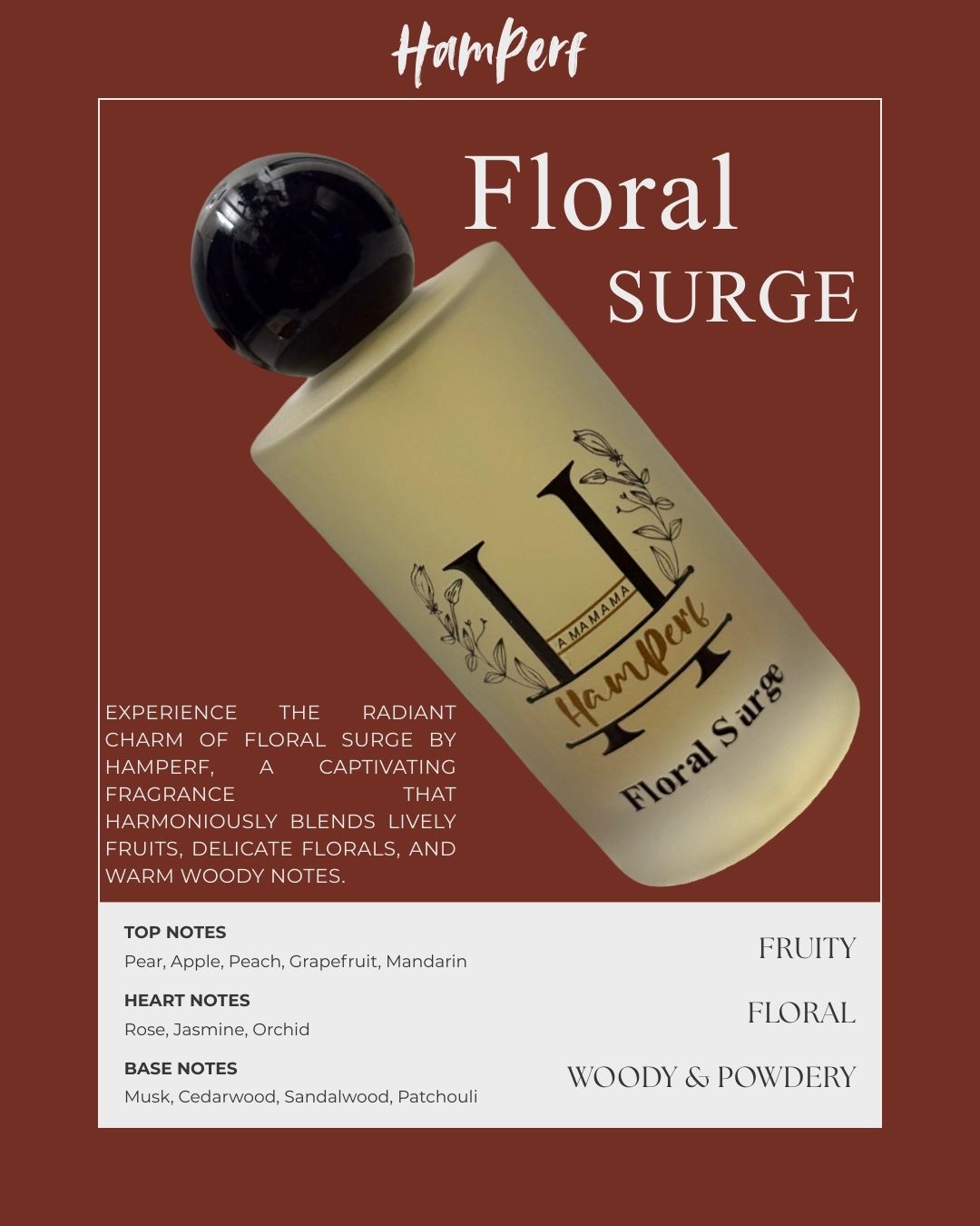 Floral Surge perfume bottle by HamPerf on a brown background