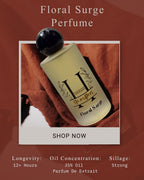 Floral Surge perfume bottle with branding on a red background