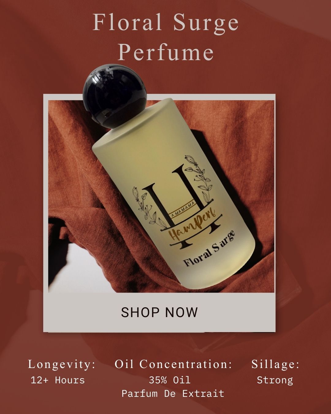 Floral Surge perfume bottle with branding on a red background