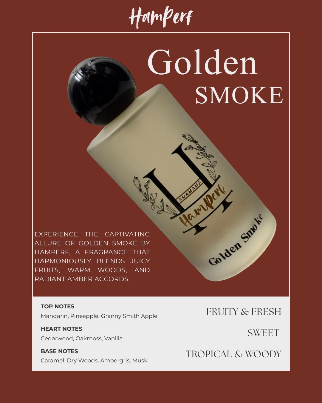 HamPerf Golden Smoke perfume bottle on a brown background