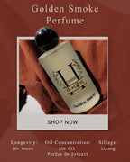 Perfume bottle labeled 'Golden Smoke' with promotional text on a red background