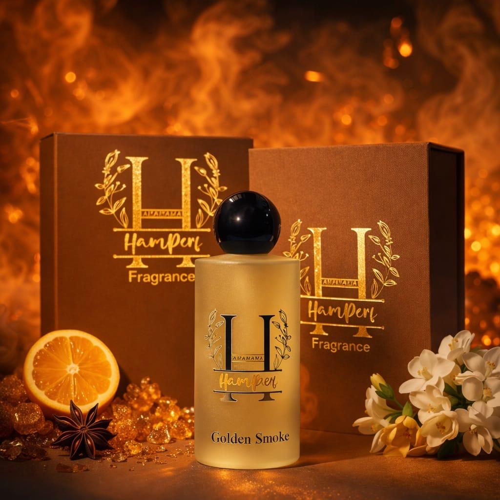 HamPerf Fragrance bottle and packaging with decorative elements on a warm background