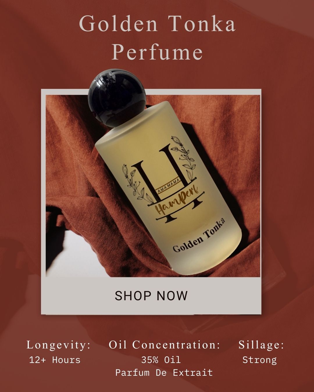 Perfume bottle labeled 'Golden Tonka' with product details on a red background