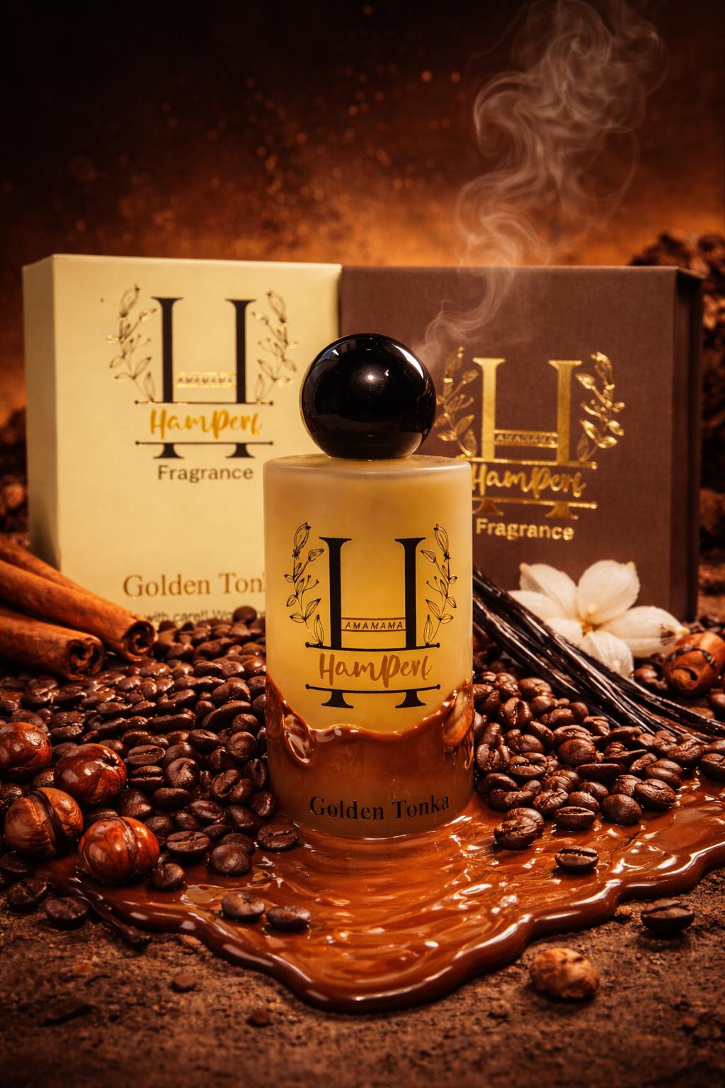 Perfume bottle with 'H' brand on a dark background with coffee beans and flowers