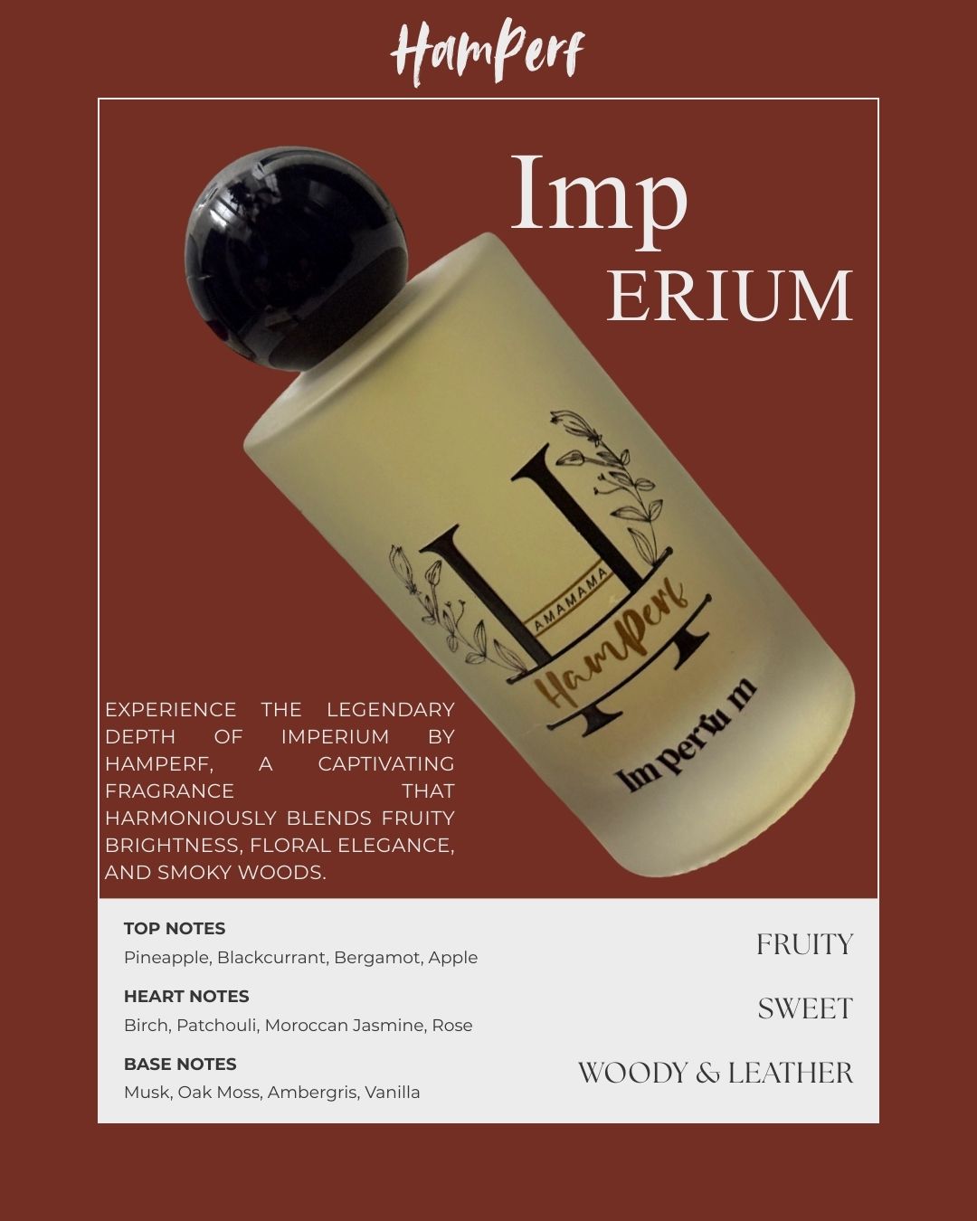 HamPerf Imperium bottle on a brown background with product details.