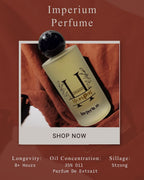 Perfume bottle with 'Imperium Perfume' branding on a red background