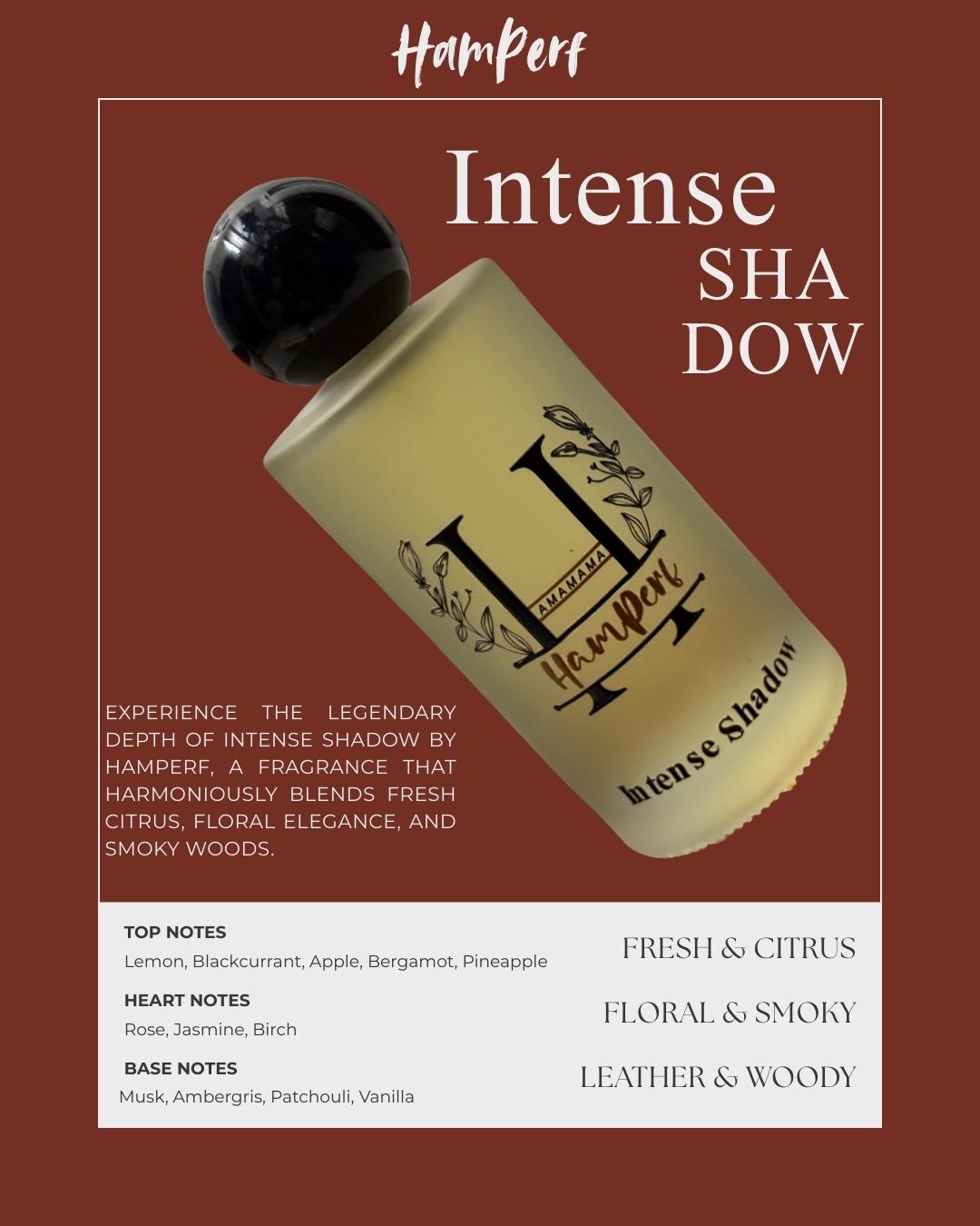 HamPerf Intense Shadow perfume bottle on a brown background with product details.