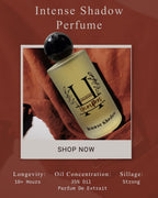 HamPerf Perfume bottle with brand logo on a red fabric background, featuring text about perfume properties.