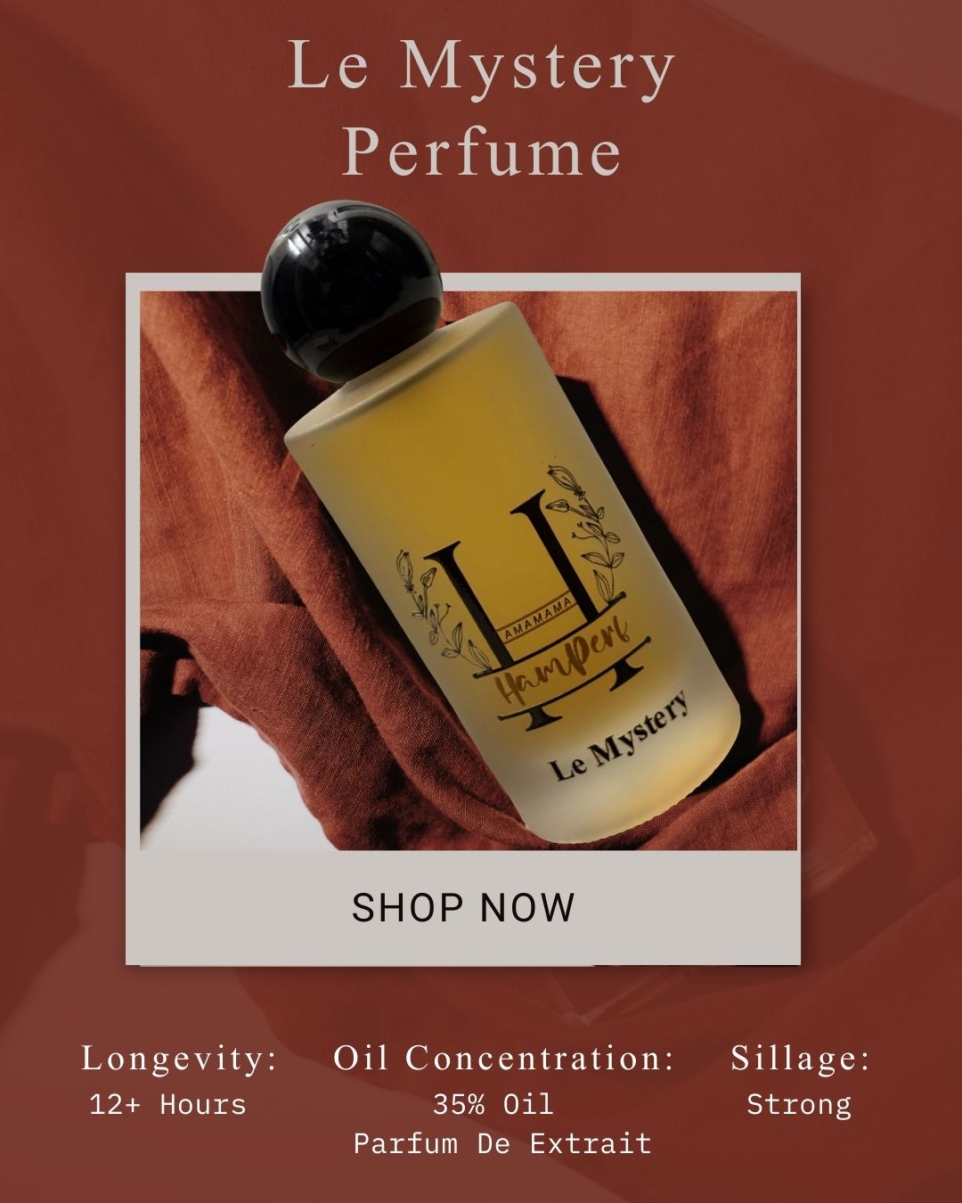 Le Mystery perfume bottle with product details on a red background