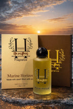 HamPerf Fragrance Marine Horizon bottle and packaging with a sunset background