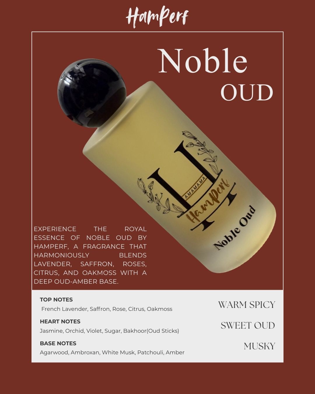 HamPerf Noble Oud perfume bottle on a brown background