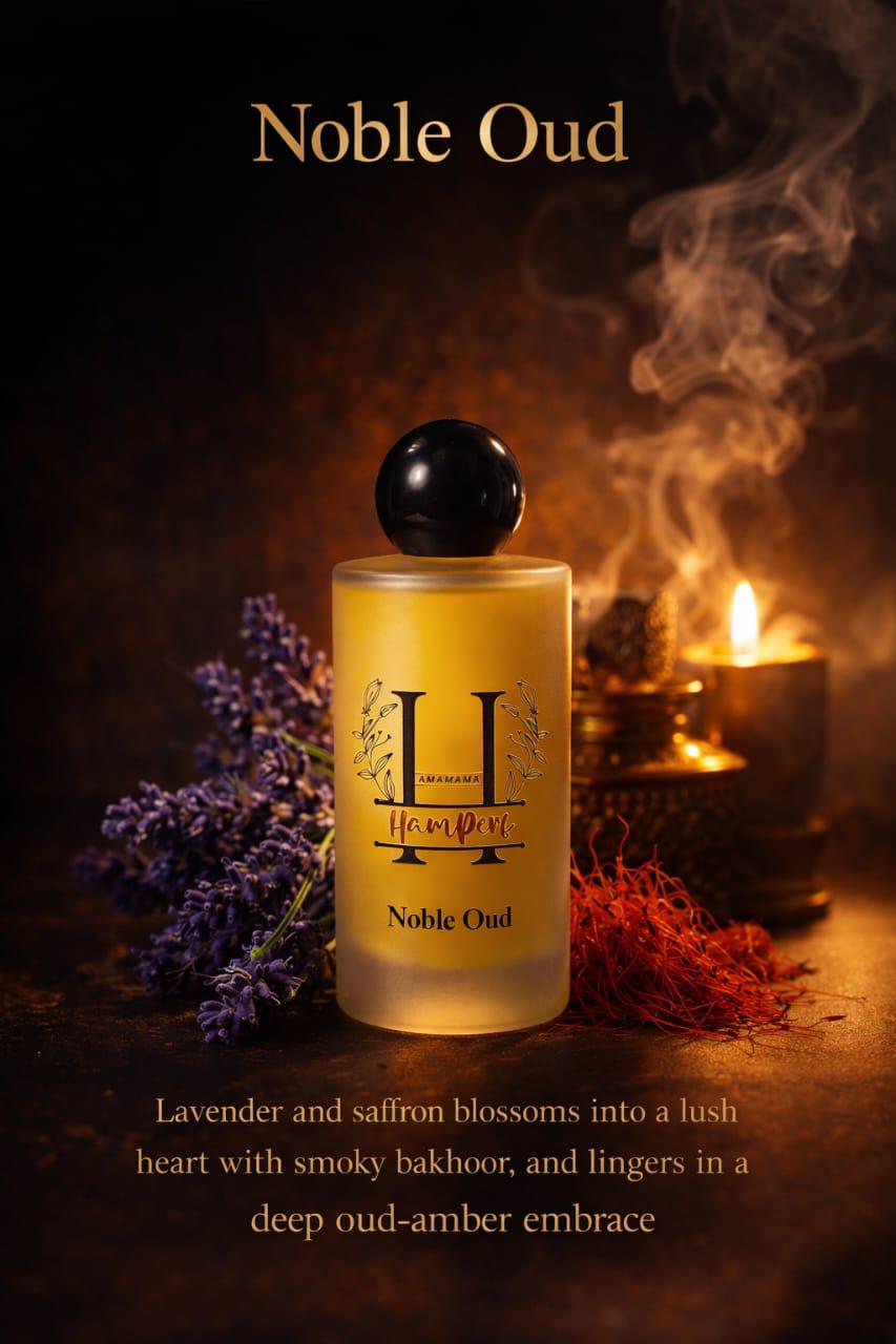 HamPerf Perfume bottle labeled 'Noble Oud' with lavender, saffron, and smoking bakhoor on a dark background.