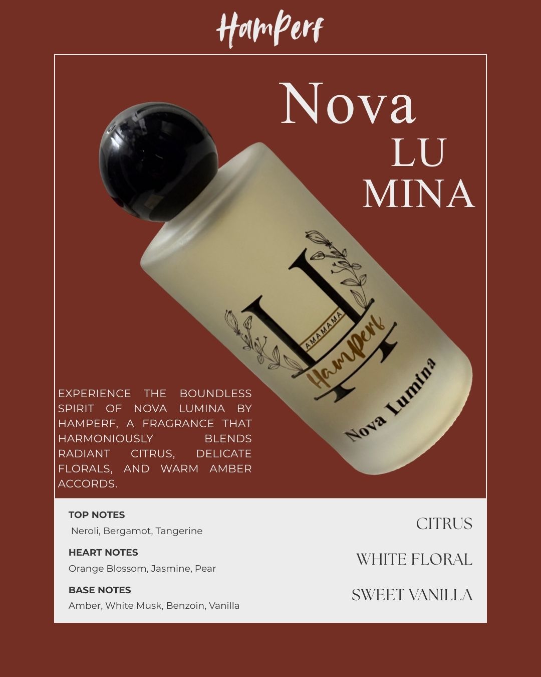 HamPerf Nova Lumina perfume bottle on a brown background