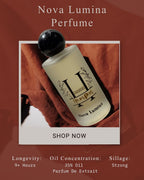 Nova Lumina perfume bottle with product details on a red background