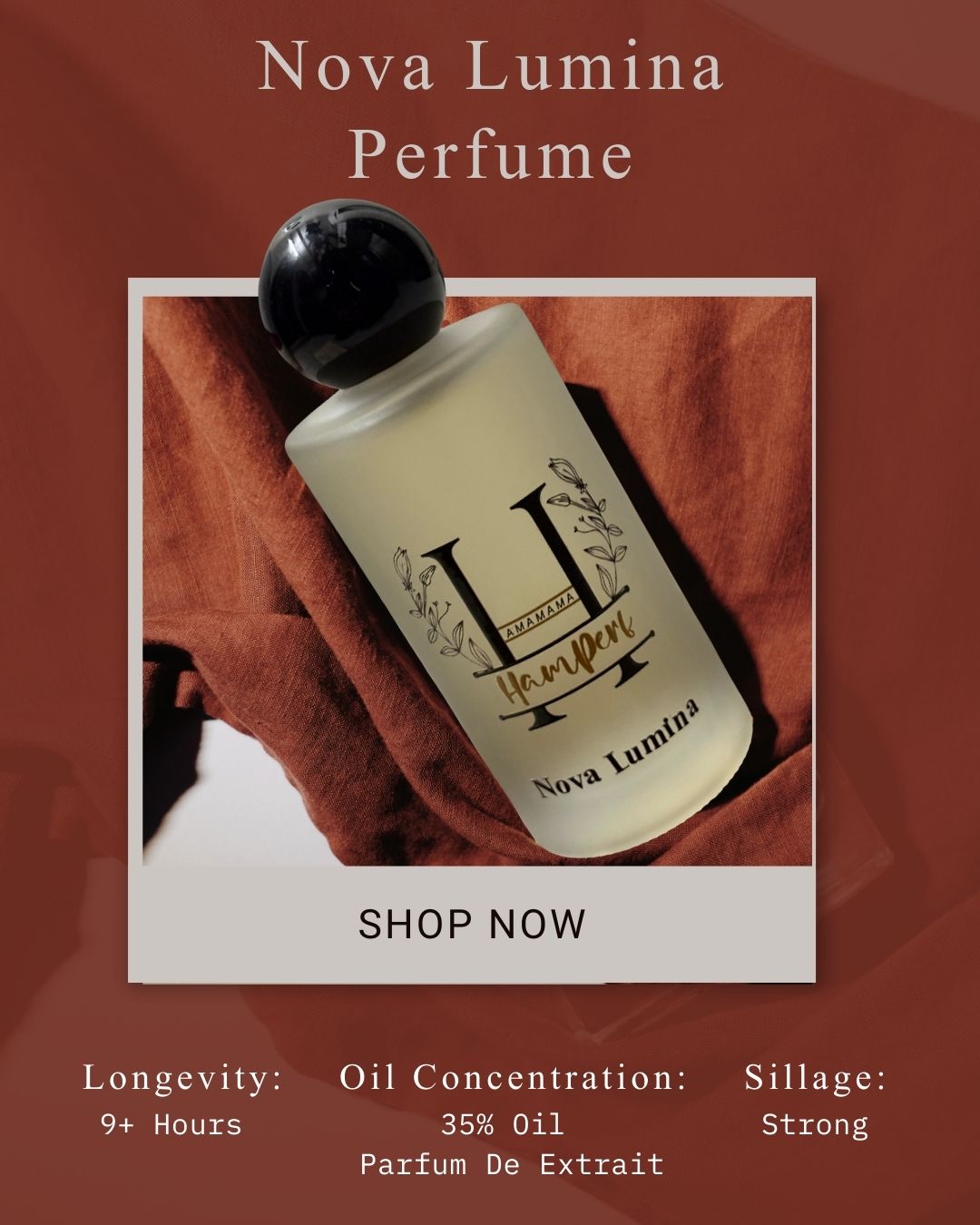 Nova Lumina perfume bottle with product details on a red background