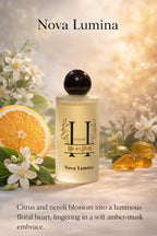 Nova Lumina perfume bottle with flowers and fruit on a soft focus background