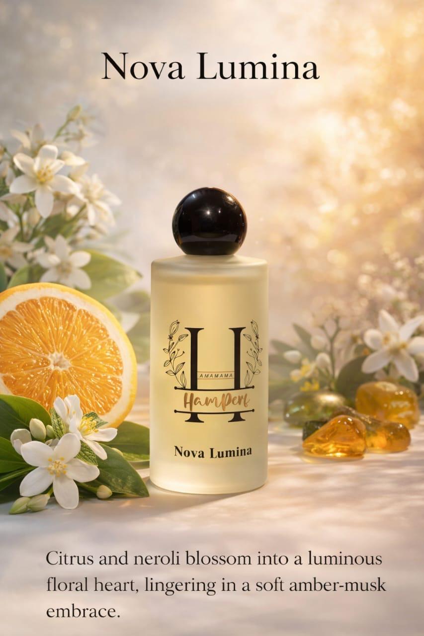 Nova Lumina perfume bottle with flowers and fruit on a soft focus background