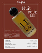 HamPerf Nuit Pour Lui perfume bottle on a brown background with product details.