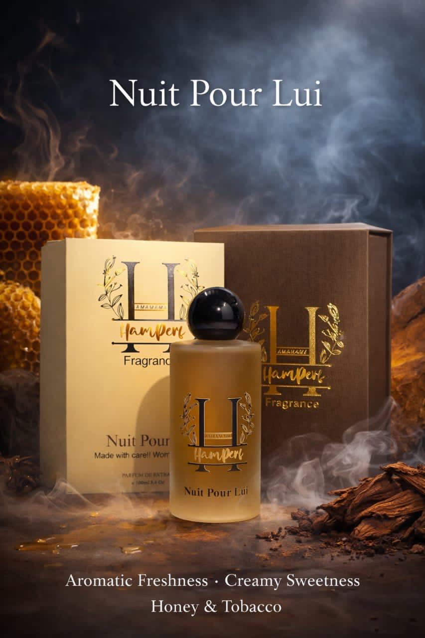 HamPerf Fragrances Nuit Pour Lui perfume bottle and packaging with honey and tobacco elements.