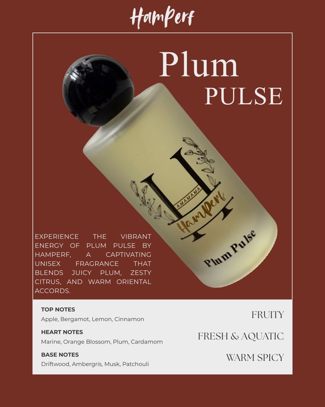 HamPerf Plum Pulse fragrance bottle on a brown background