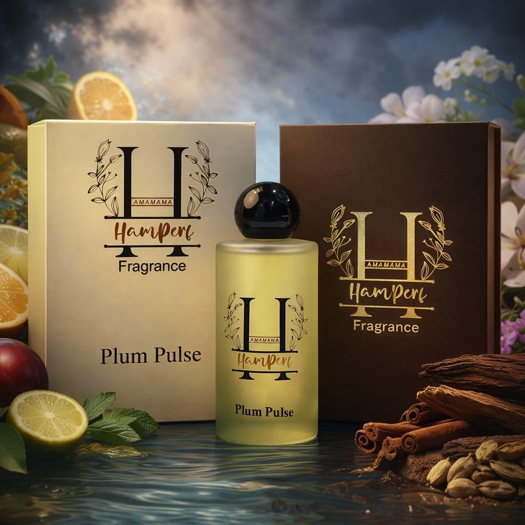 HamPerf Fragrance Plum Pulse bottle with packaging and ingredients on a scenic background