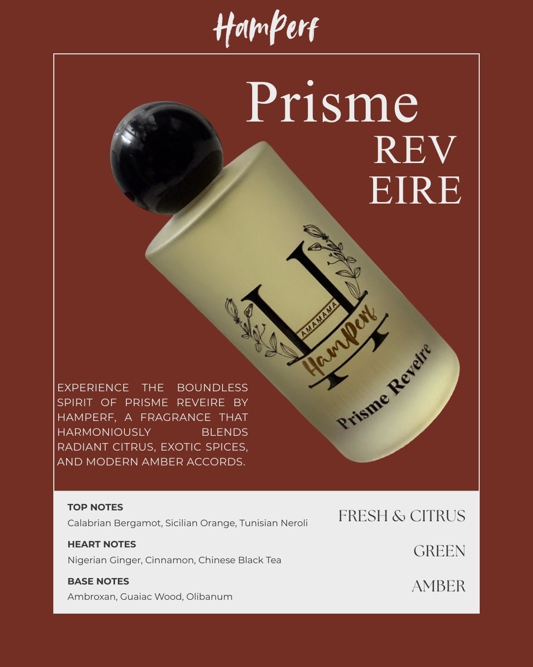 HamPerf Prisme Reveire perfume bottle on a brown background