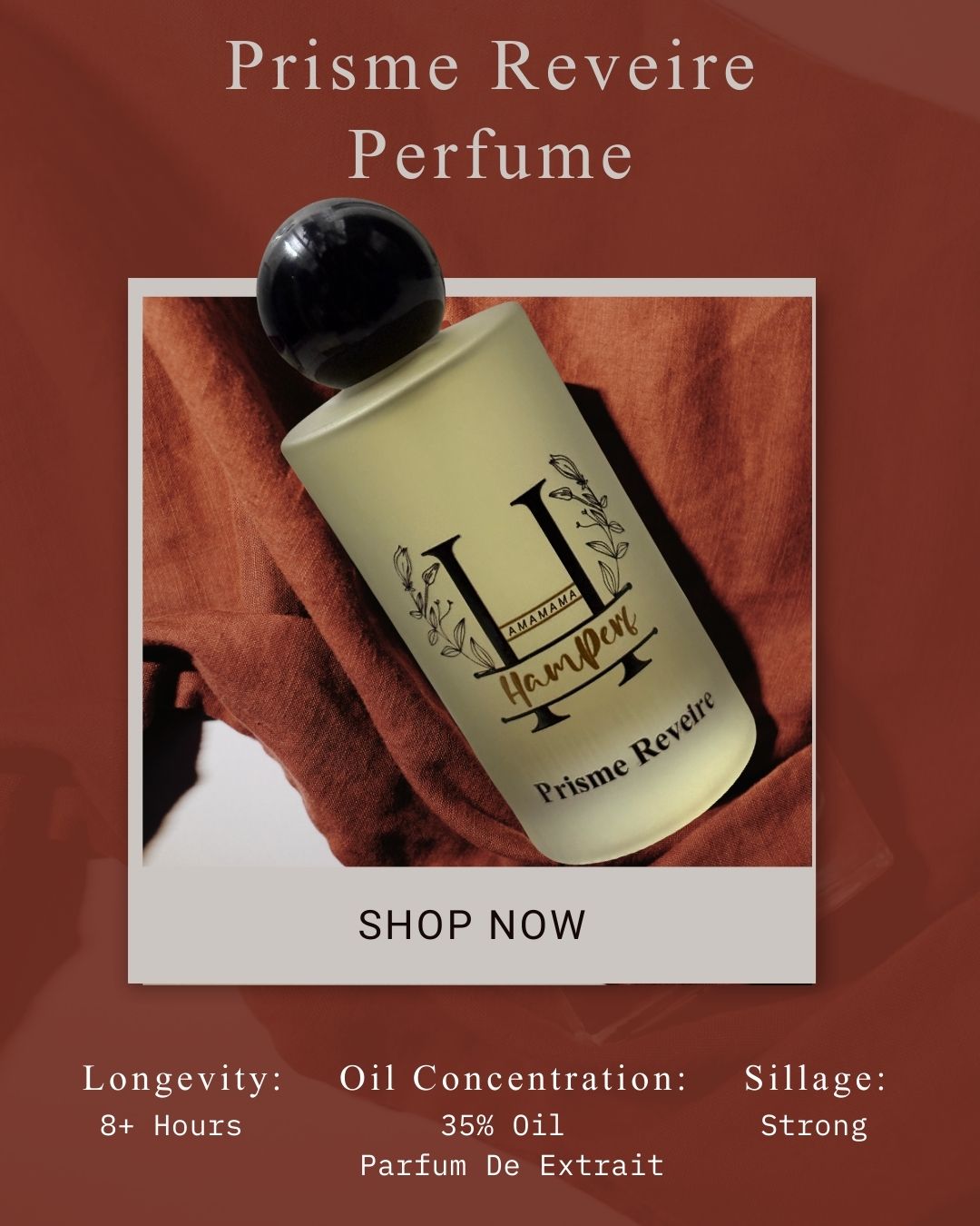 Prisme Reveire perfume bottle with product details on a red background