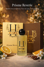 HamPerf Perfume bottle labeled 'Prisme Reverie' with packaging and decorative elements on a warm-toned background.