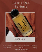 Rosrie Oud perfume bottle with product details on a brown background