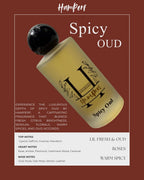 Spicy Oud fragrance bottle with product details on a brown background