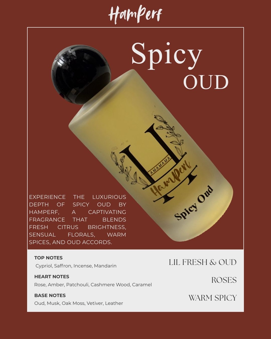 Spicy Oud fragrance bottle with product details on a brown background