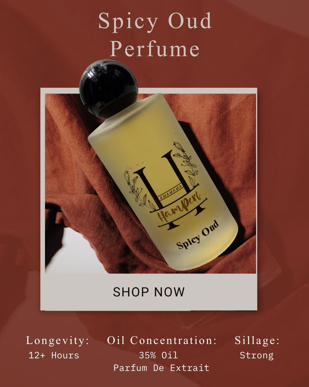 Spicy Oud perfume bottle with product details on a red background